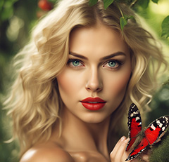 Блондинка с красной бабочкой в руке